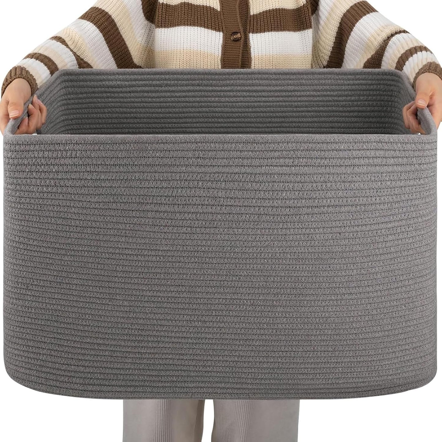 OIAHOMY 75L Large Woven Cotton Rope Storage Basket with Handle for Organizing Blanket and Toys for Living Room, Nursery, Brown Variegated 22”x17”x12”
