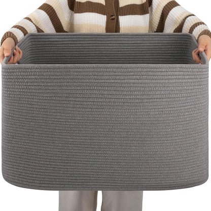 OIAHOMY 75L Large Woven Cotton Rope Storage Basket with Handle for Organizing Blanket and Toys for Living Room, Nursery, Brown Variegated 22”x17”x12”