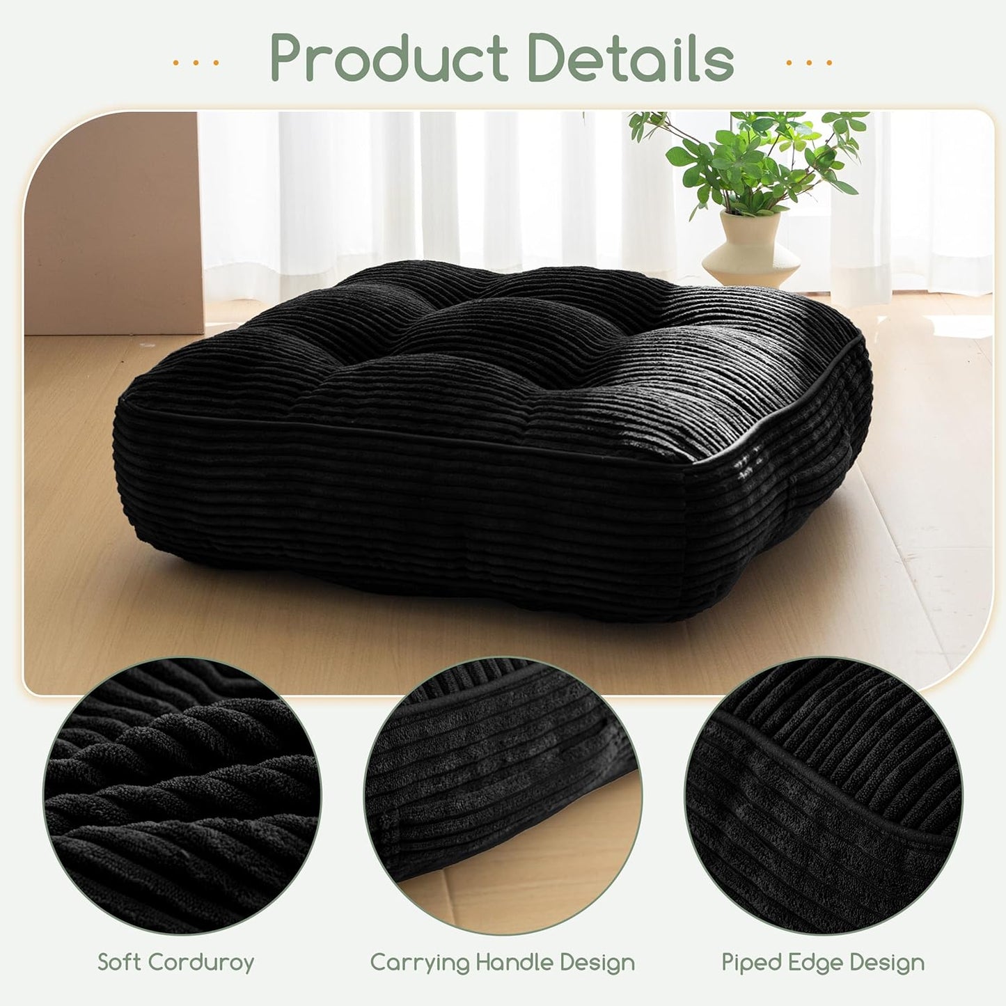 HIGOGOGO 6" Extra Thick Floor Pillow Cushion for Adults, Meditation Cushion Pillow, Large Square Floor Sitting, Tufted Corduroy Cover, for Tatami Living Room or Yoga, 22x22 Inch, 2Pack, Dark Grey
