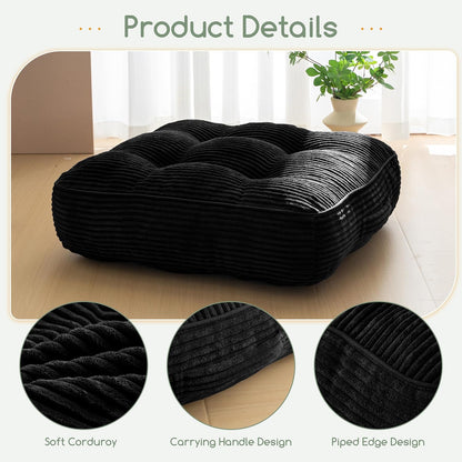 HIGOGOGO 6" Extra Thick Floor Pillow Cushion for Adults, Meditation Cushion Pillow, Large Square Floor Sitting, Tufted Corduroy Cover, for Tatami Living Room or Yoga, 22x22 Inch, 2Pack, Dark Grey