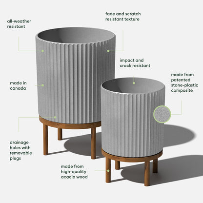 Veradek Demi Series Round Planter w/ Stand for Porch/Patio | Durable Plastic-Concrete & Wooden Stand | Modern Décor for Tall Plants, Flowers