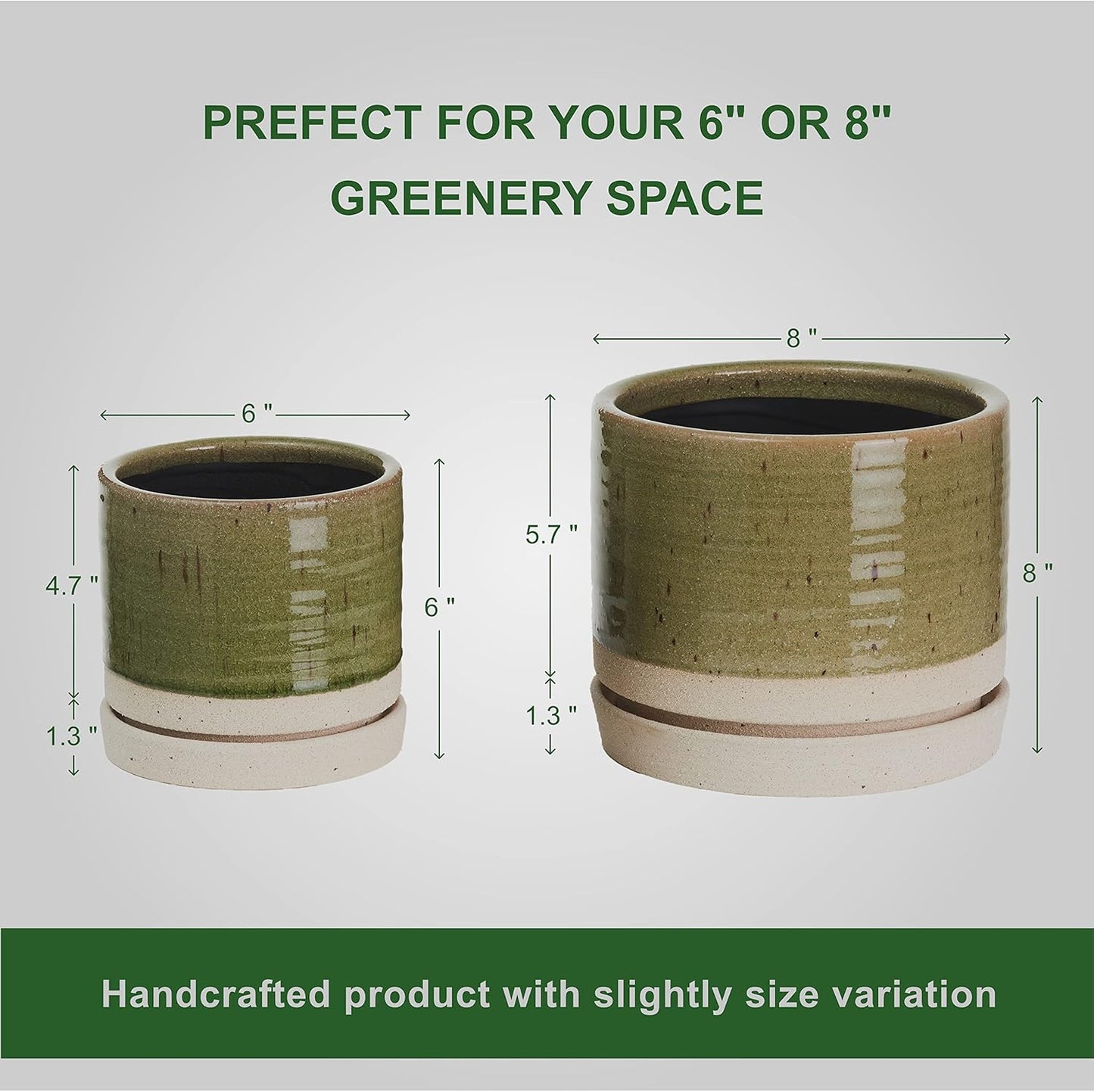 HERDUK 6 Inch Plant Pots, Ceramic Planter Pot with Drainage Hole & Saucer, Indoor/Outdoor Cylinder Round Planter Pot, Green & Beige
