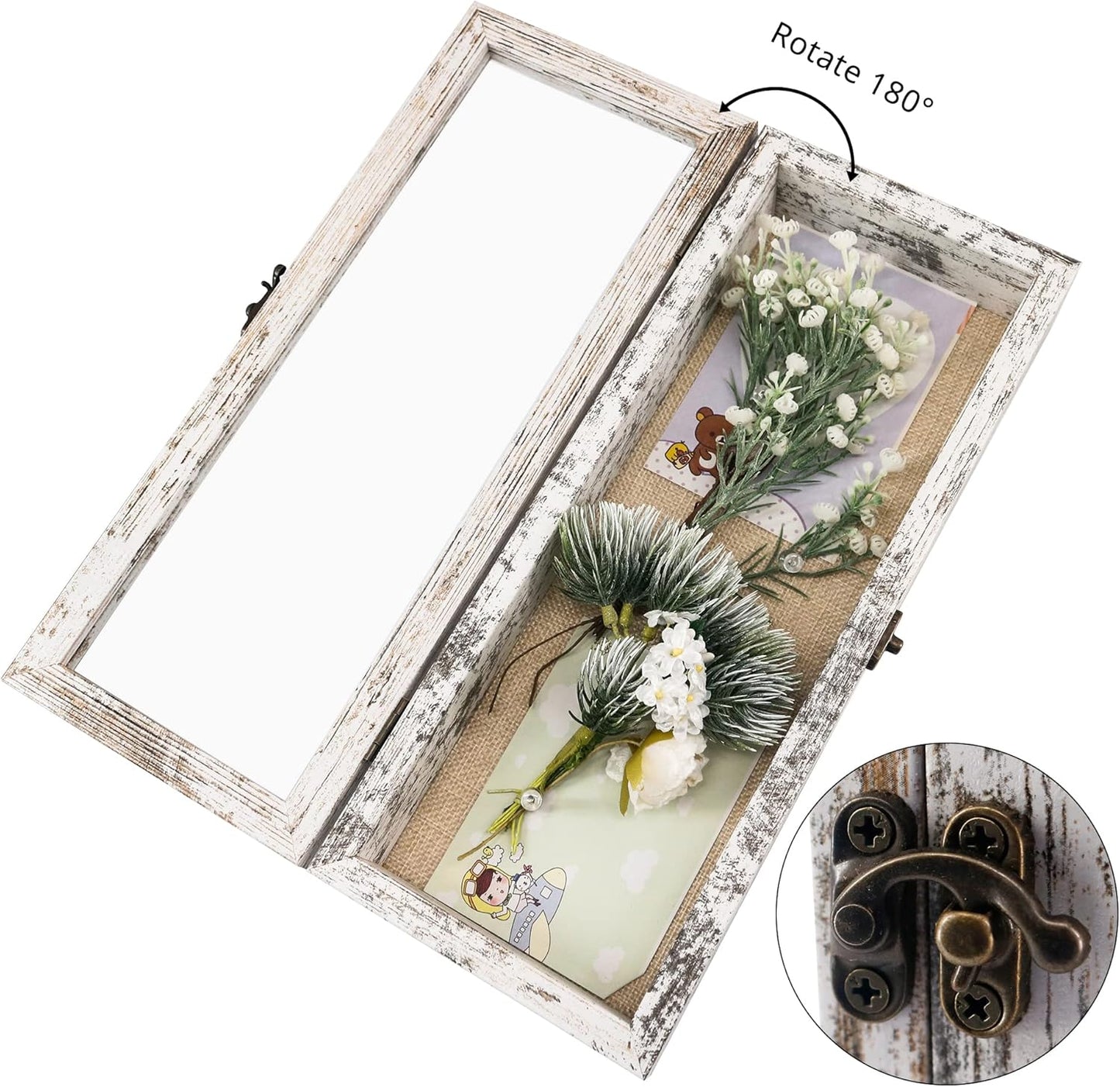 GraduationMall 13x16 Wood Shadow Box Frame Glass Door Display Case with Linen Back and 6 Stick Pins,1.5 inches Interior Depth,Ideal for Memorabilia Pictures Flowers Medals Tickets Rustic White