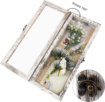 GraduationMall 13x16 Wood Shadow Box Frame Glass Door Display Case with Linen Back and 6 Stick Pins,1.5 inches Interior Depth,Ideal for Memorabilia Pictures Flowers Medals Tickets Rustic White