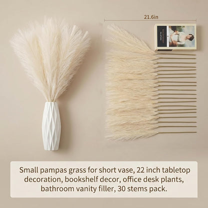 Pampas Grass Decor 21.7 Inch 30pcs, Faux Pampas Grass White Beige Brown Ultra Fluffy No Shedding for Boho Home Bedroom Wedding Vase Filler Dried Flower Arrangement