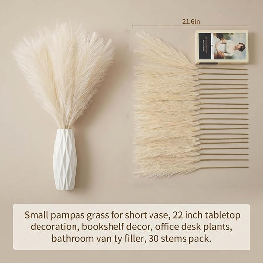 Pampas Grass Decor 21.7 Inch 30pcs, Faux Pampas Grass White Beige Brown Ultra Fluffy No Shedding for Boho Home Bedroom Wedding Vase Filler Dried Flower Arrangement