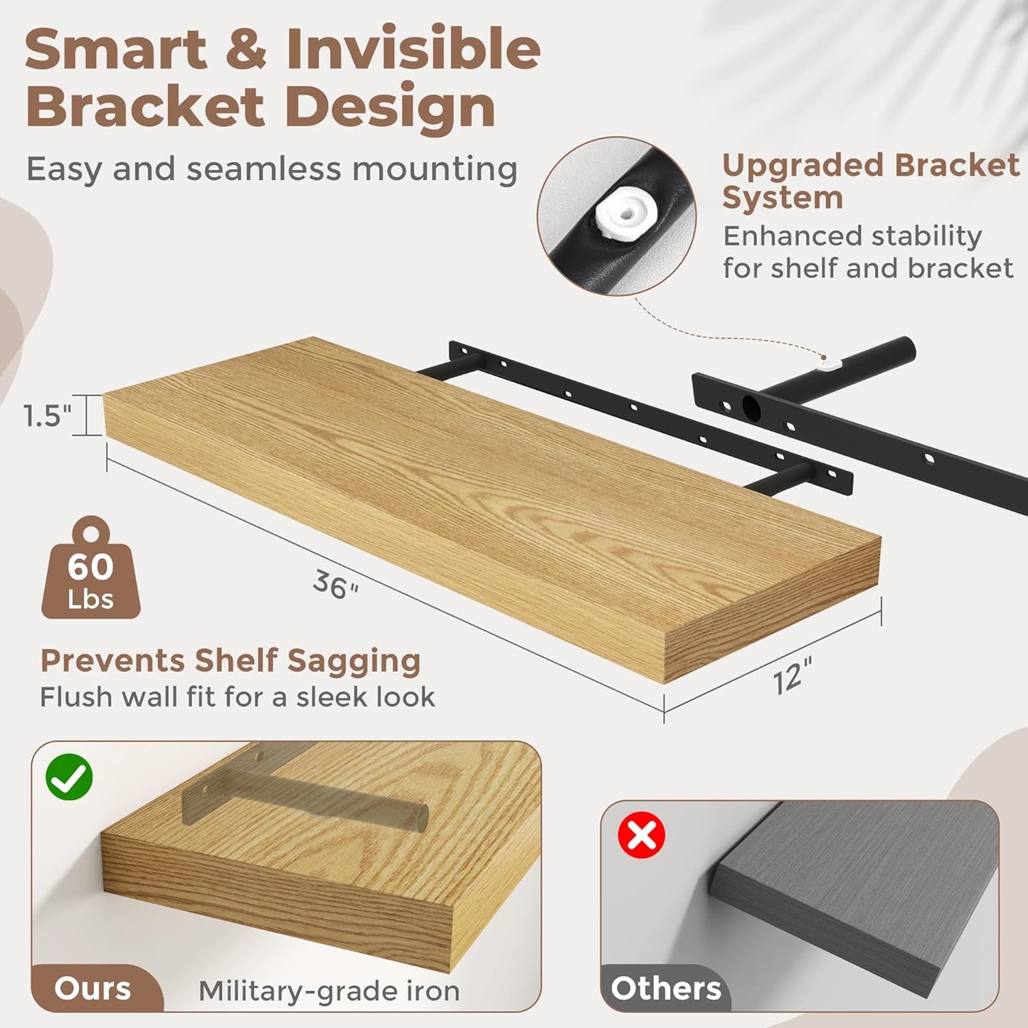 72 Inch Long Floating Shelves for Wall Set of 2, 12"D Wood Grain Bathroom Shelves with Invisible Brackets, Easy Install Engineered Wood Storage Shelves for Kitchen, Living Room, Bedroom, Black Finish