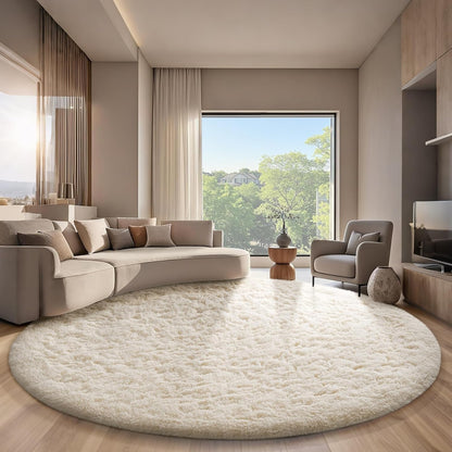 Ophanie Round Rugs 5Ft Ivory Circle Area Rug, Nursery Room Decor, Christmas Aesthetic Bedroom Home Circular Carpet 5 Foot, Fluffy Fuzzy Shag Plush Cream Living Room Rugs for Kids Boys Girls Teen Baby