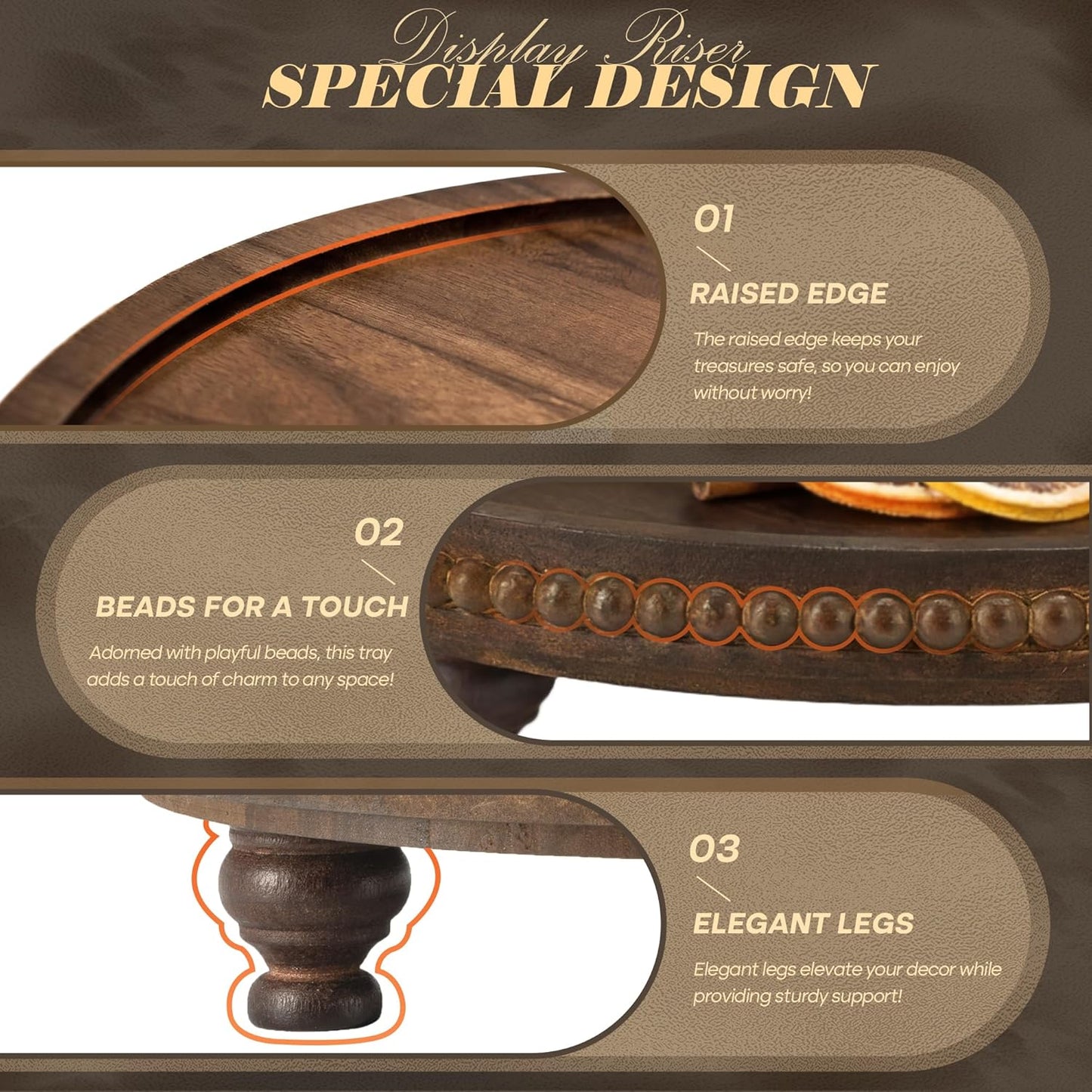 EOSAHR Round Pine Wooden Display Riser - Beaded Wood Riser for Plant, Sponge Holder & Perfume Organizer - Rustic Display Stand Kitchen Counter Organizer, Boho Chic Home Decor for Living Room(Brown)