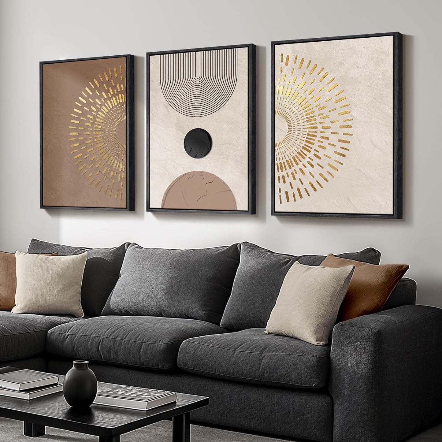 Large Framed Neutral Abstract Wall Art for Living Room, 3 Piece Modern Canvas Prints Paintings Artwork for Walls, Black and Beige Pictures for Living Room Hallway Stair Office Wall Decor 24x36 Inch