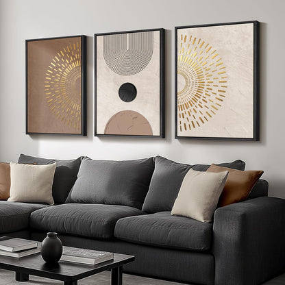 Large Framed Neutral Abstract Wall Art for Living Room, 3 Piece Modern Canvas Prints Paintings Artwork for Walls, Black and Beige Pictures for Living Room Hallway Stair Office Wall Decor 24x36 Inch
