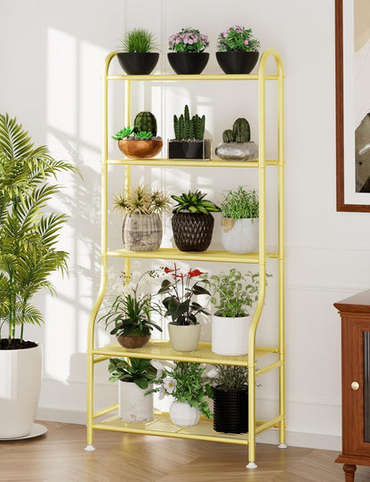 5-Tier Metal Plant Stand - Heavy Duty Indoor Outdoor Flower Shelf for Multiple Pots, 65" Tall Vertical Holder with Adjustable Leveling Feet & Wall-Fixing Kits, Black