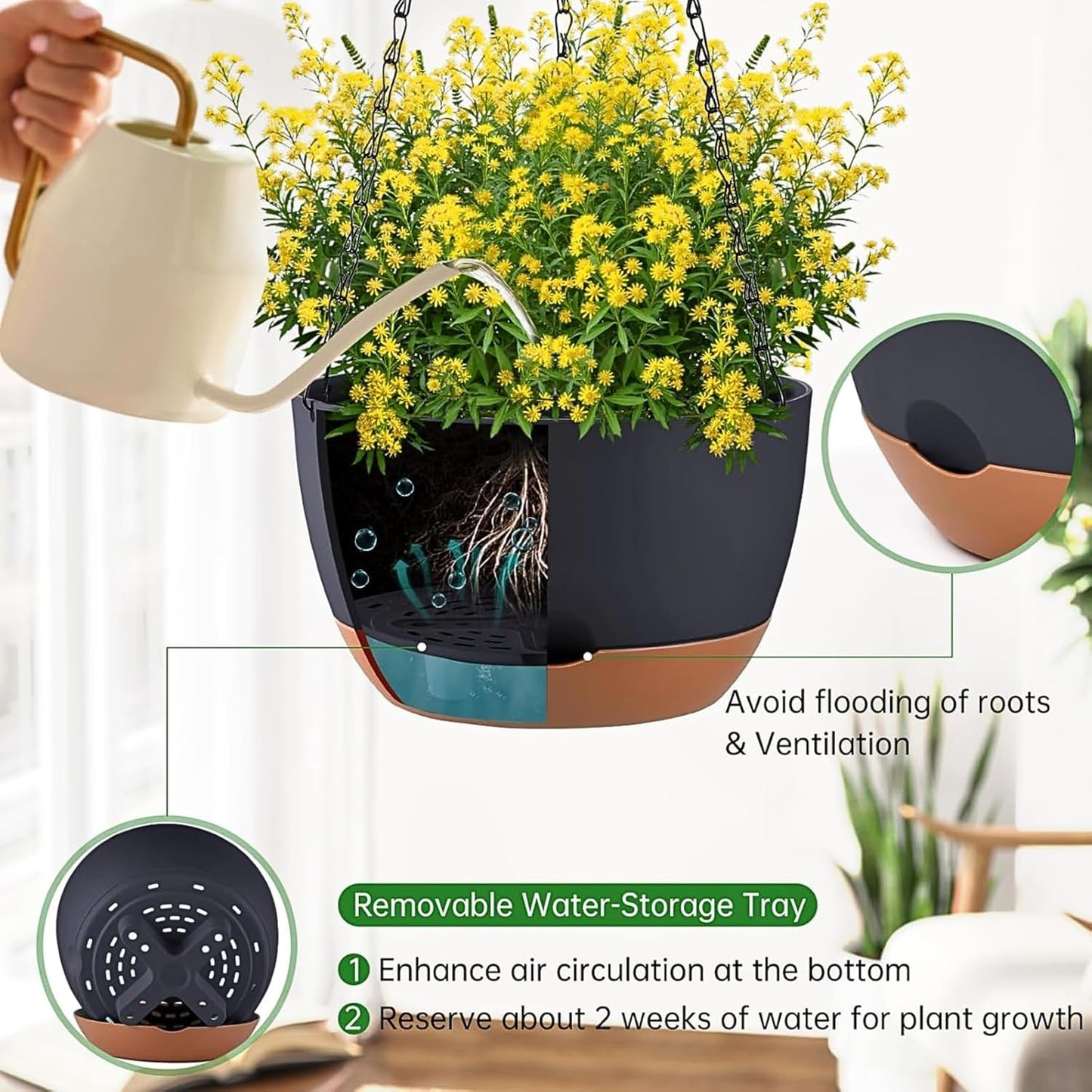 Set of 2 Hanging Planters for Indoor Outdoor Plants, 8 Inch Self-Watering Hanging Flower Pots with Drainage Hole & Removable Water-Storage Tray (Hooks)