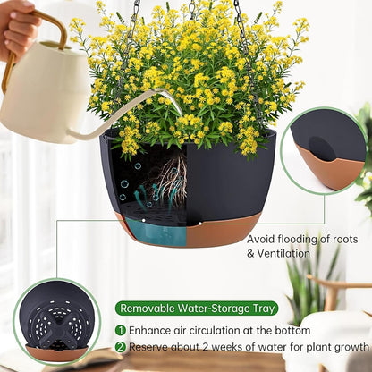 Set of 2 Hanging Planters for Indoor Outdoor Plants, 8 Inch Self-Watering Hanging Flower Pots with Drainage Hole & Removable Water-Storage Tray (Hooks)