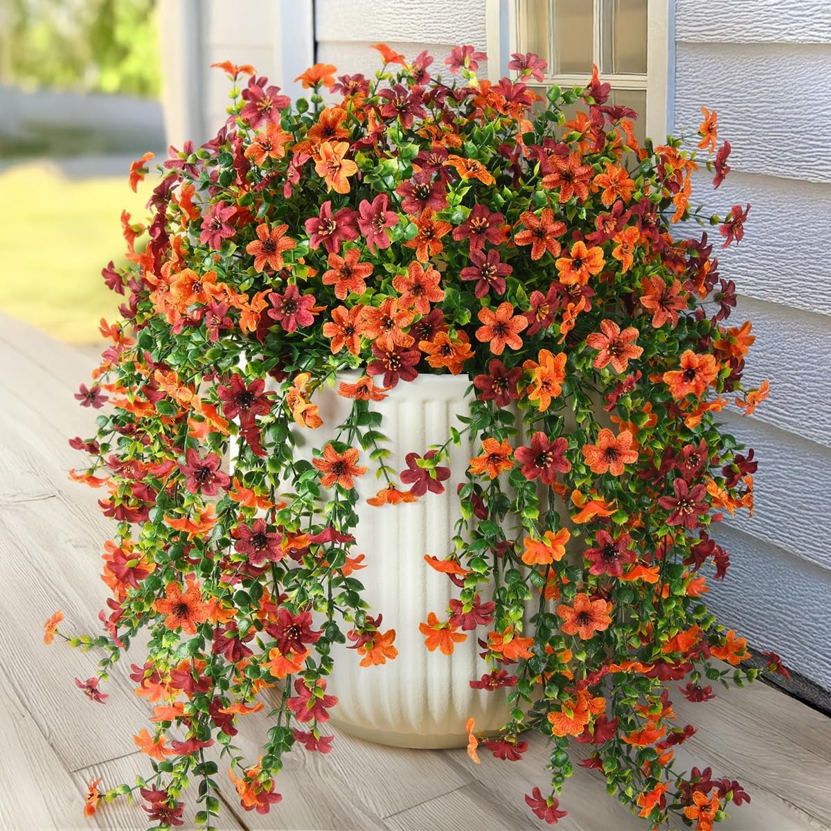 INQCMY Artificial Fake Hanging Flowers Plants for Outdoor Summer Decoration,2 PCS Faux Silk Daisy with Eucalyptus Leaves,UV Resistant Look Real for Outside Home Planter Porch Patio Balcony Yard Decor
