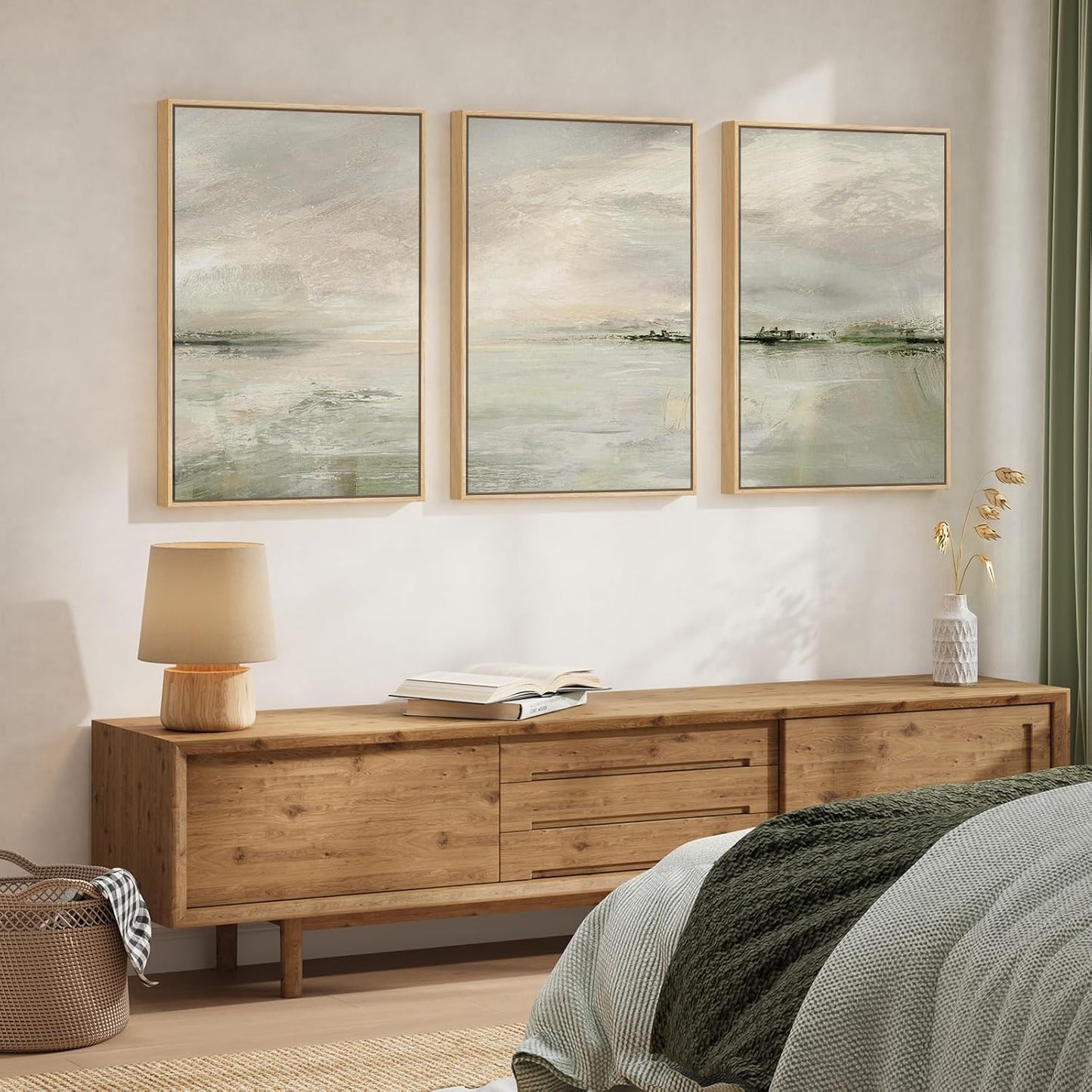 Large Framed Abstract Nature Landscape Wall Art for Living Room, Set of 3 Modern Canvas Prints Paintings Artwork for Walls, Green Lake Pictures for Hallway, Dining Room, Office Wall Decor 24x36 Inch