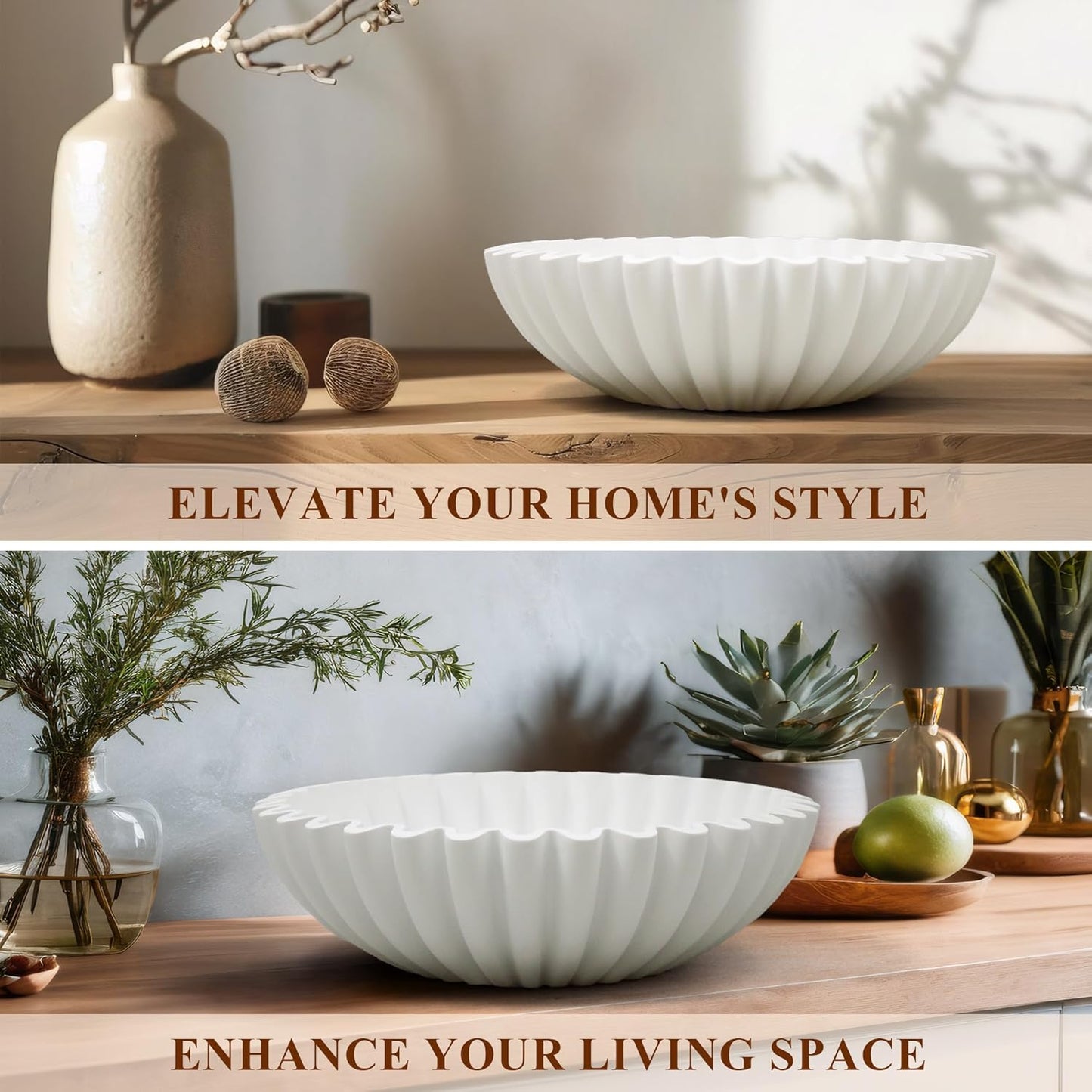 YMXYJM Large Decorative Bowl, Modern Handicraft Bowls for Home Decor, Fruit Bowl for Kitchen Counter, Ruffle Decor, Stylish Key Bowl for Entry Table, Artificial Stone Beige