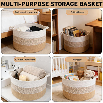 Large Woven Blanket Basket,65L Cotton Rope Laundry Basket Hamper with Handles, Decorative Nursery Basket Storage Bin for Toys, Clothes Organizer, Living Room, Bedroom, Bathroom, White & Brown