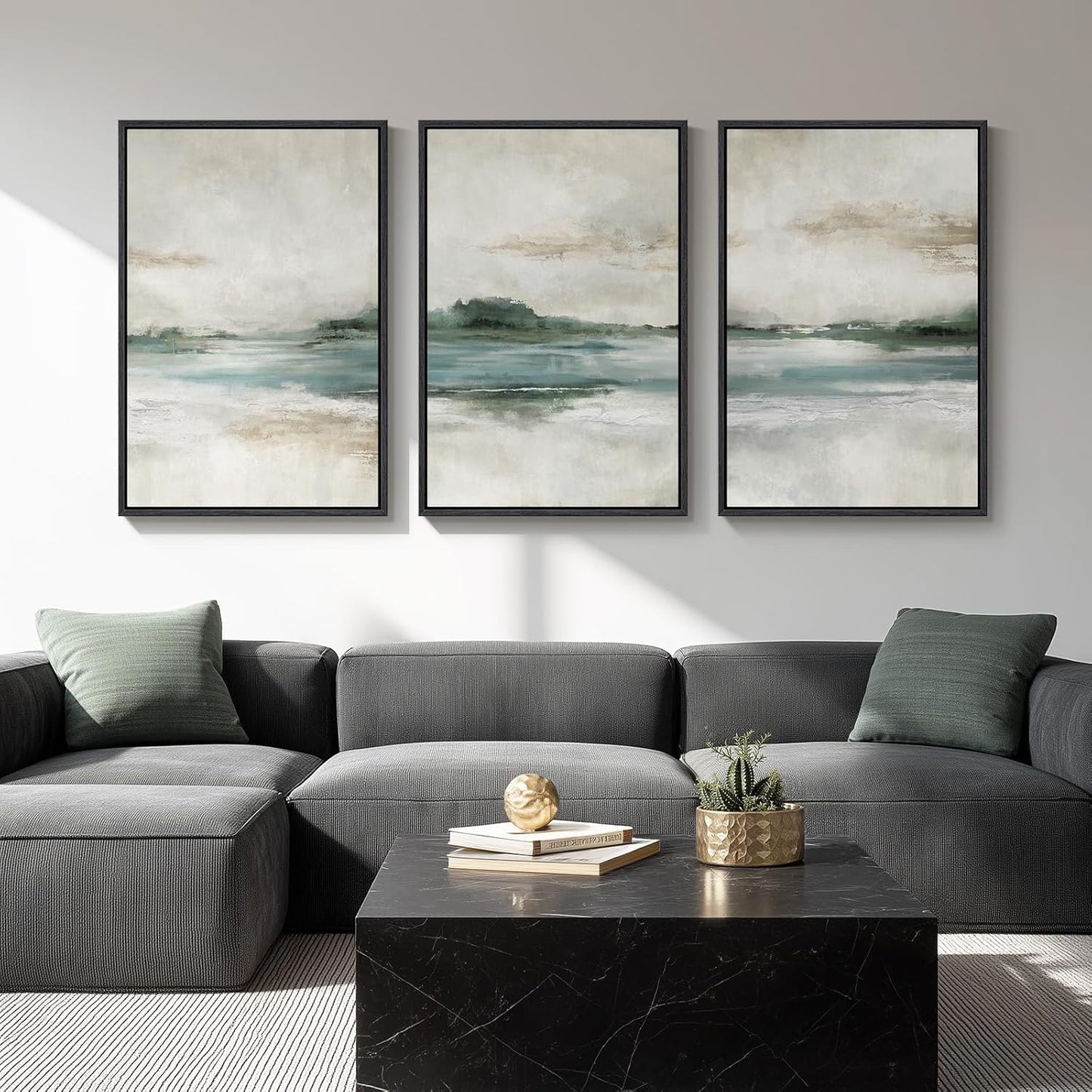 Large Framed Abstract Nature Landscape Wall Art for Living Room, Set of 3 Modern Canvas Prints Paintings Artwork for Walls, Green Lake Pictures for Hallway, Dining Room, Office Wall Decor 24x36 Inch