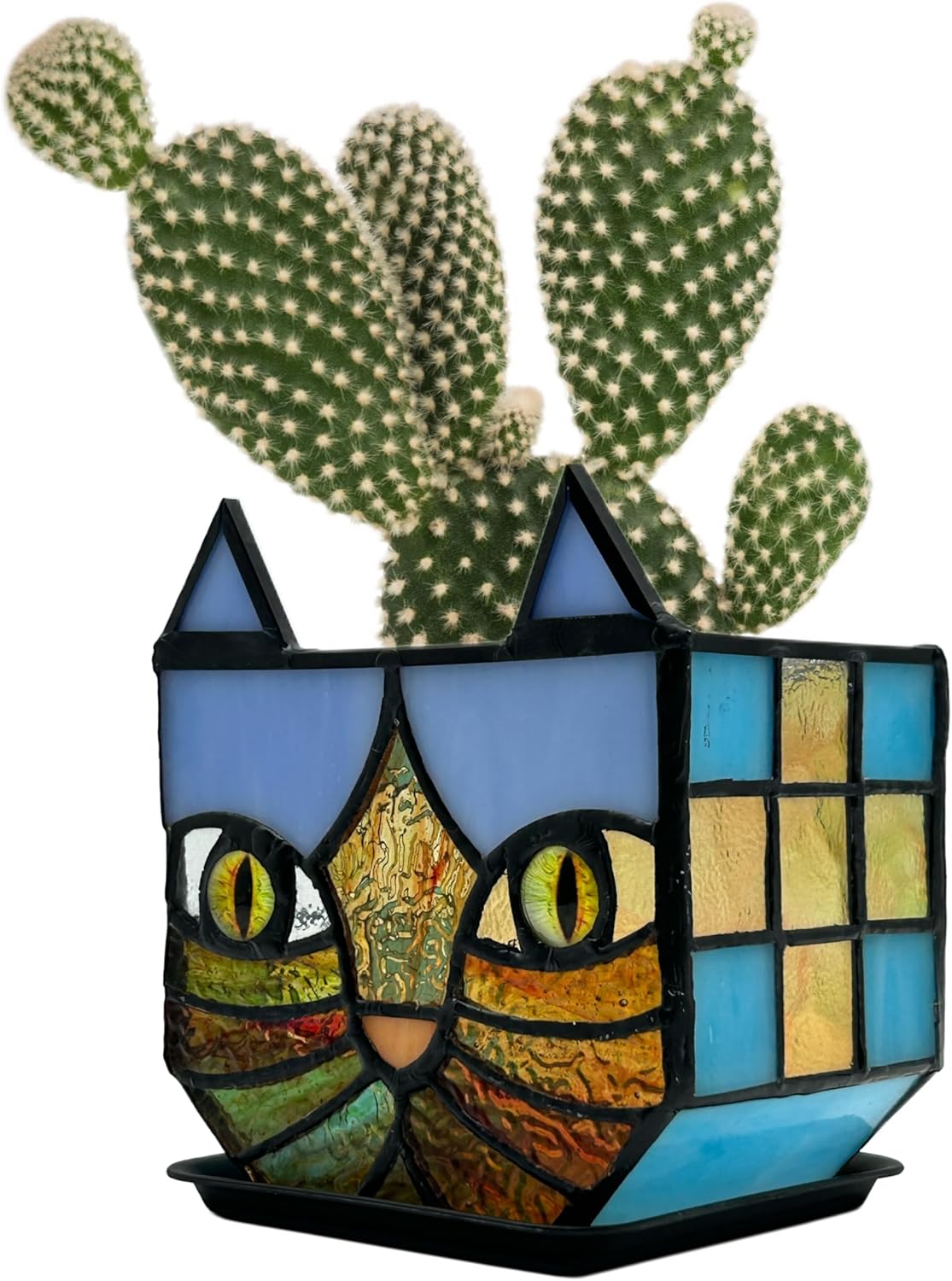 Tiffany Stained Glass Fun Moon Sleeping Cat Planter，Cactus Planter，Cute Planters for Indoor Plants,Decorative Flower Pots As Gifts for Cat Lovers，4.6x3x5.15 in