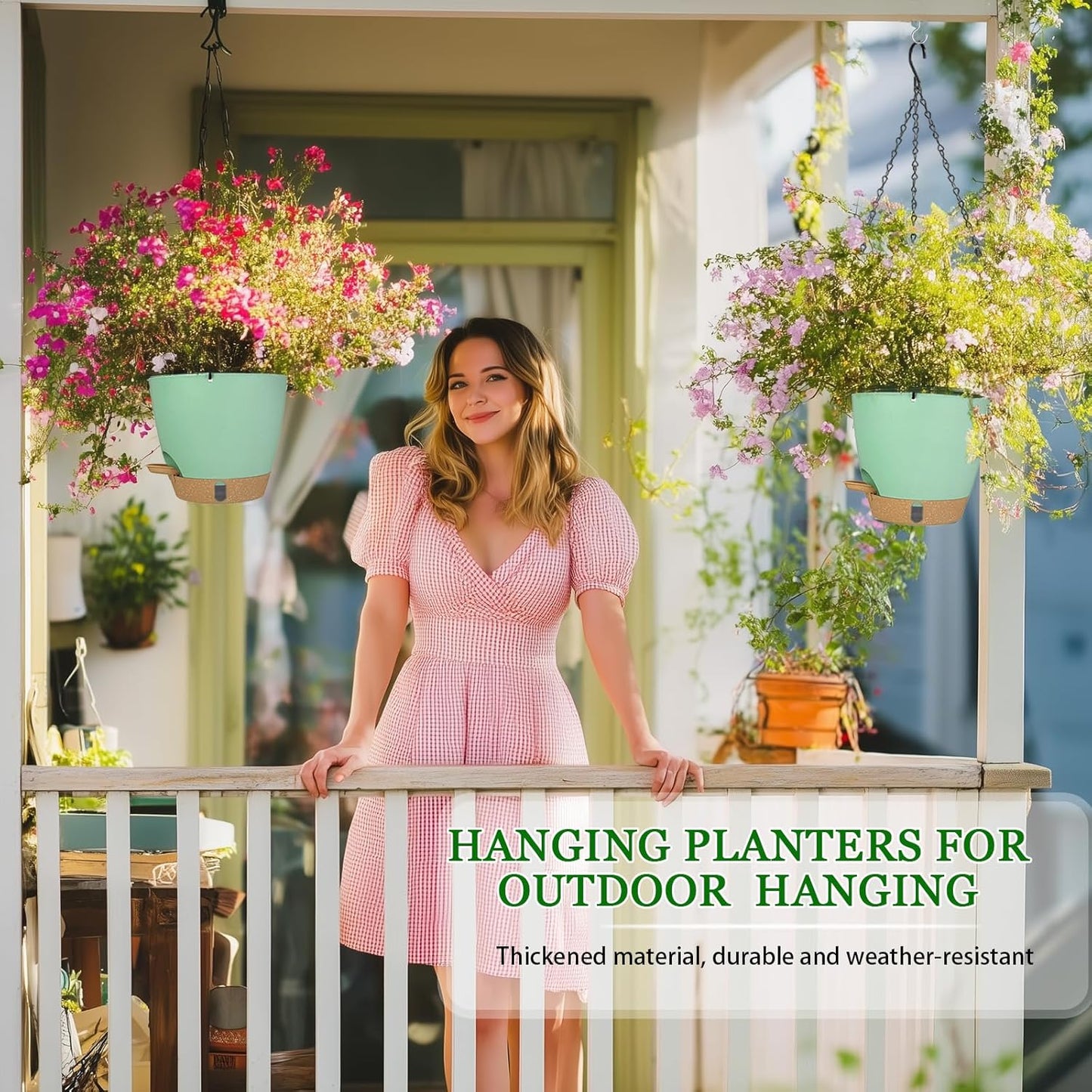 10 Inch Hanging Planters for Indoor Plants, 2 Pack Self Watering Hanging Baskets Flower Pots with Drainage Hole, Visual Reservoir & 2 Kinds of Plant Hanger for Outdoor Garden Home Decor (White)