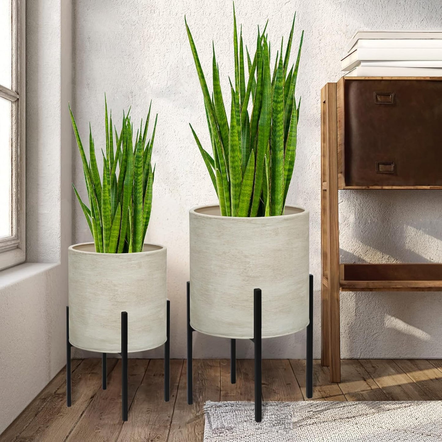 ARNIS Modern Plant Pots, Set of 2 Large Planters with Stand, Decorative Planters, Metal Pots with Drainage Holes for Living Room, Office, Garden or Balcony, 8.25 &10.5 Inch, Dirt