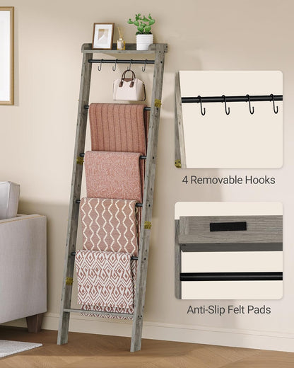 Hzuaneri Blanket Ladder Shelf, Decorative Quilt Rack, 6-Tier Farmhouse Ladder Holder Organizer with 4 Removable Hooks 7.9" D x 17.3" W x 63.4" H, Rustic Brown BR35801B