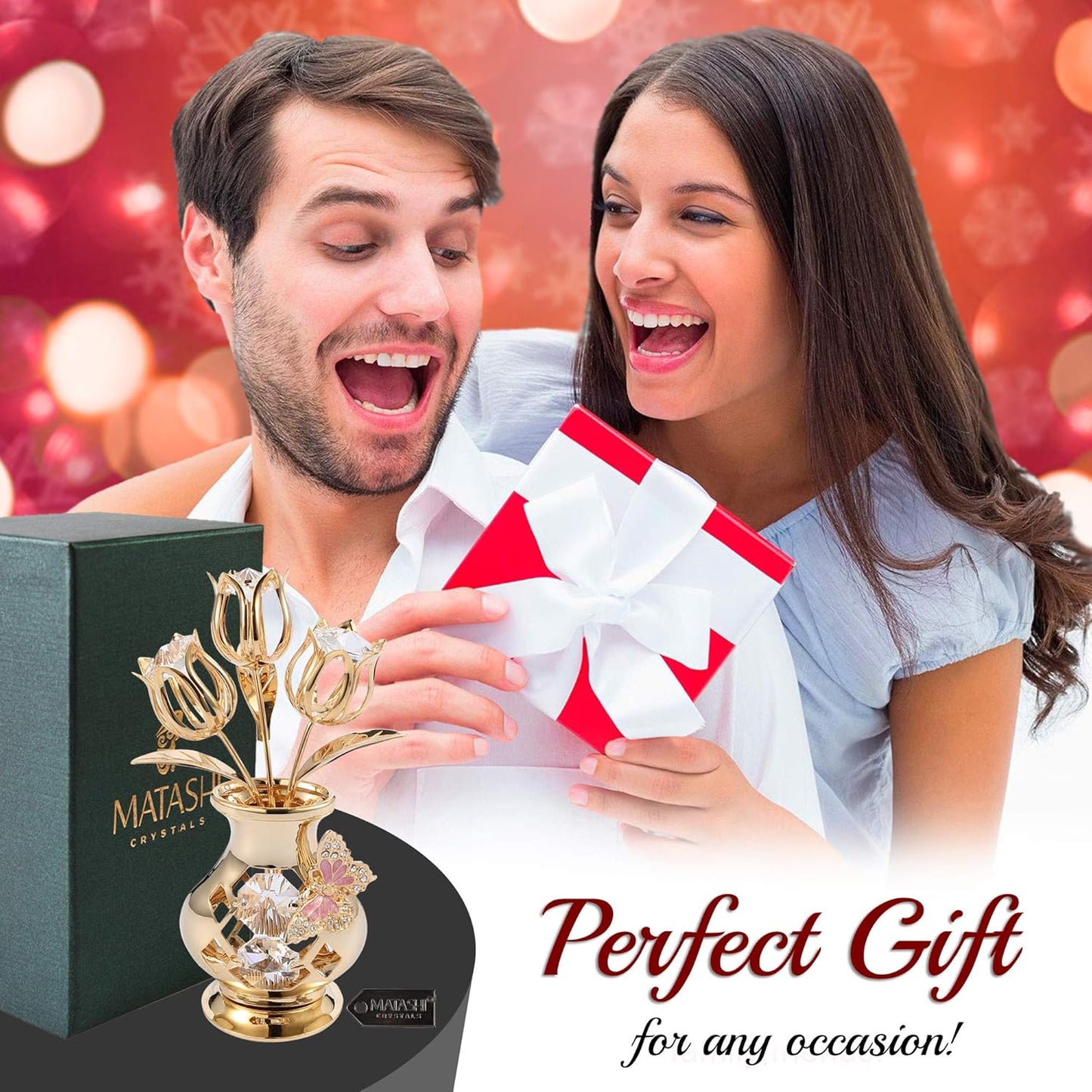 Matashi 24K Gold Plated Crystal Flower Figurine with Clear Crystals & Butterfly – Luxury Decorative Tulip Statue, Elegant Tabletop Home Décor, for Mother's Day, Valentine's Day, Christmas