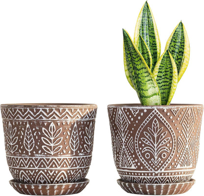 Gepege 6 Inch Beaded Ceramic Planter Set of 2 with Drainage Hole and Saucer for Plants, Indoor-Outdoor Large Round Succulent Orchid Flower Pot (Smoked Gray, Inner-pots not Larger Than 5 Inch)