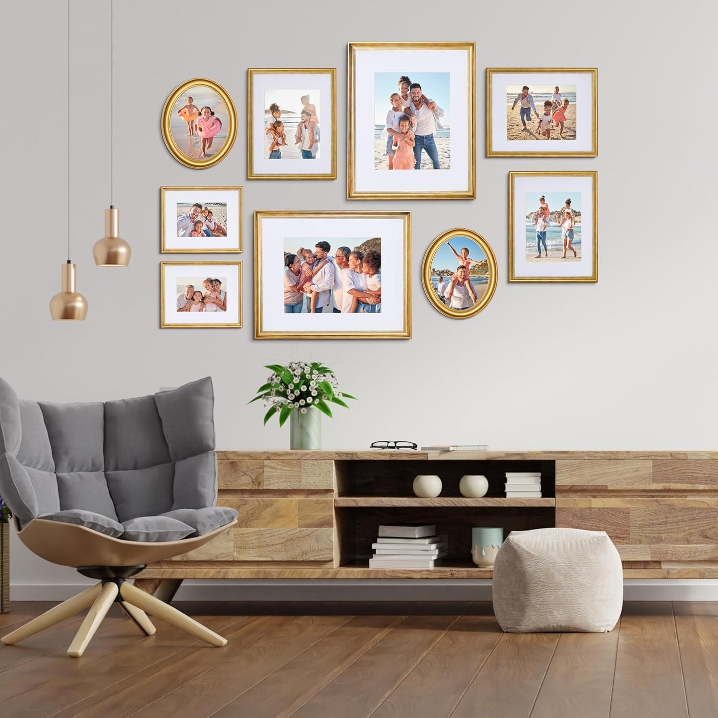 Camden Reed Mixed Gallery Wall Frame Set, (2) 16x20 Inch, (1) 11x14 Inch, and (2) 8x10 Inch, 9 Piece, Brass