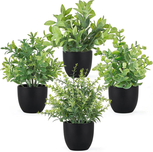 Mkono 4 Packs Fake Plants Mini Artificial Greenery Potted Plants Faux Eucalyptus for Spring Decor Home Indoor Office Table Shelf Room Bathroom Farmhouse Decor (White)