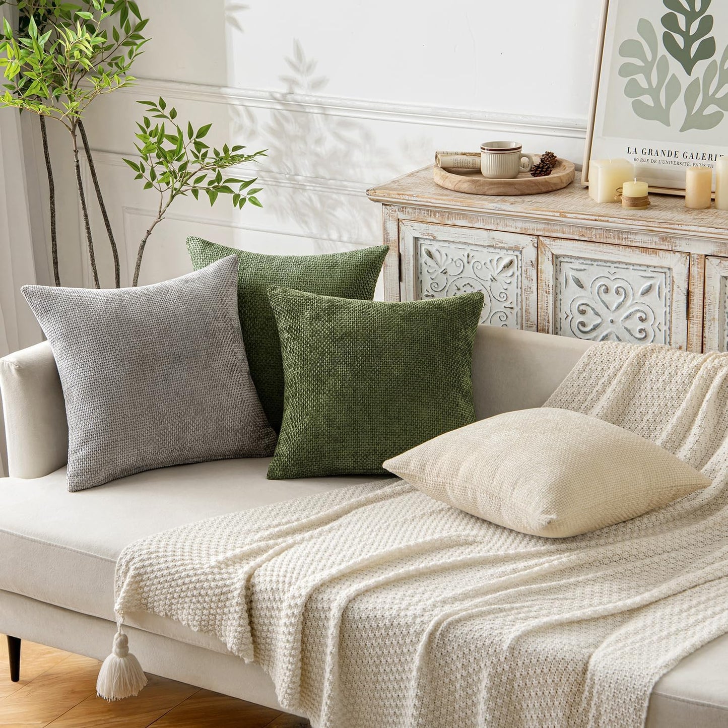 MIULEE Pack of 2 Couch Throw Pillow Covers 18x18 Inch Neutral Beige Modern Boho Accent Decorative Pillow Covers Soft Chenille Farmhouse Cushion Covers for Home Decor Bed Sofa Living Room