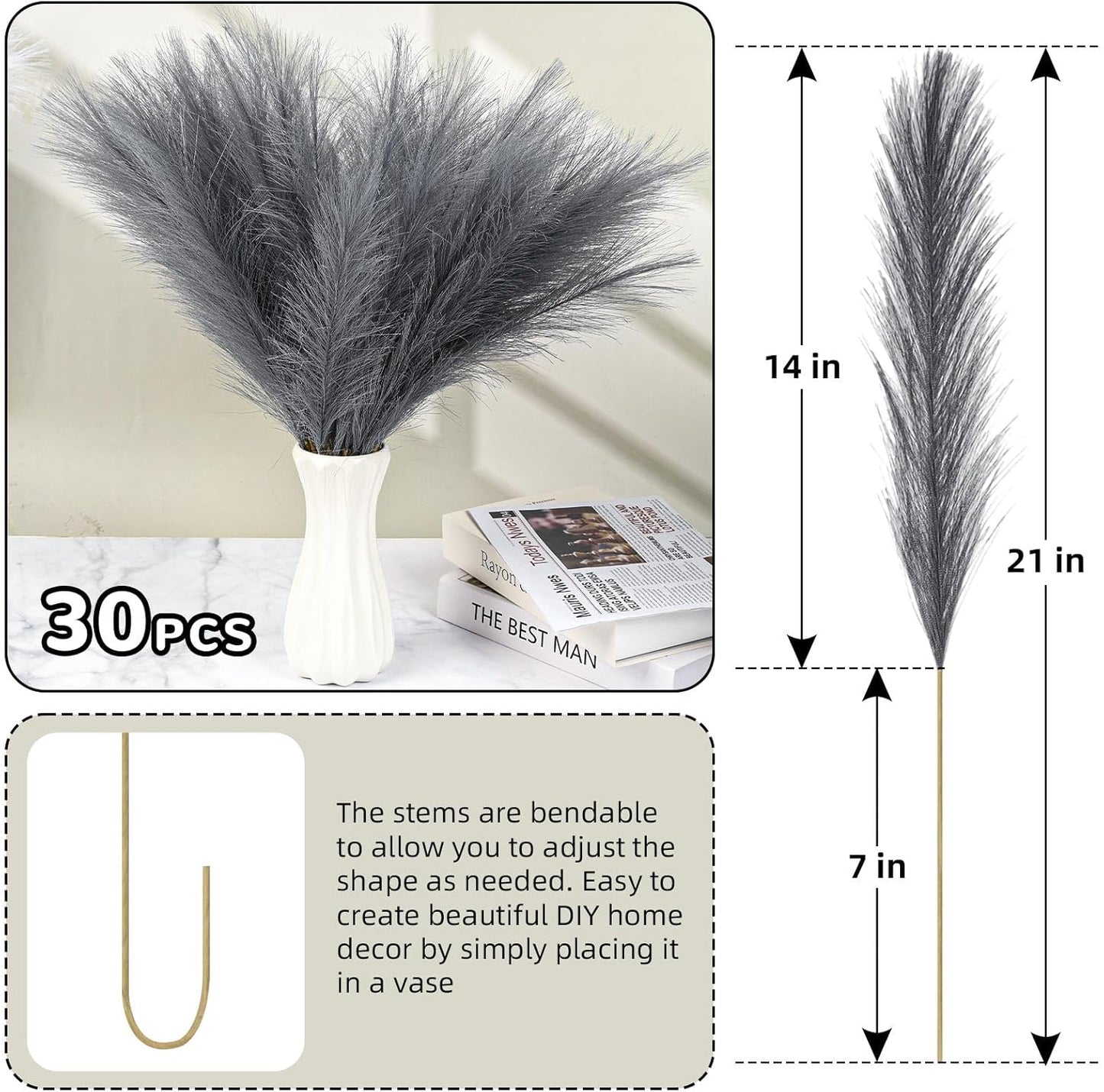 30pcs Pampas Grass Decor,21" Artificial Pompous Grass Bulk,Small Vase Filler Pompas Grass for Home Wedding Living Room Wall Party Decoration (Beige,Light Brown, 21 Inch 30 Pcs)