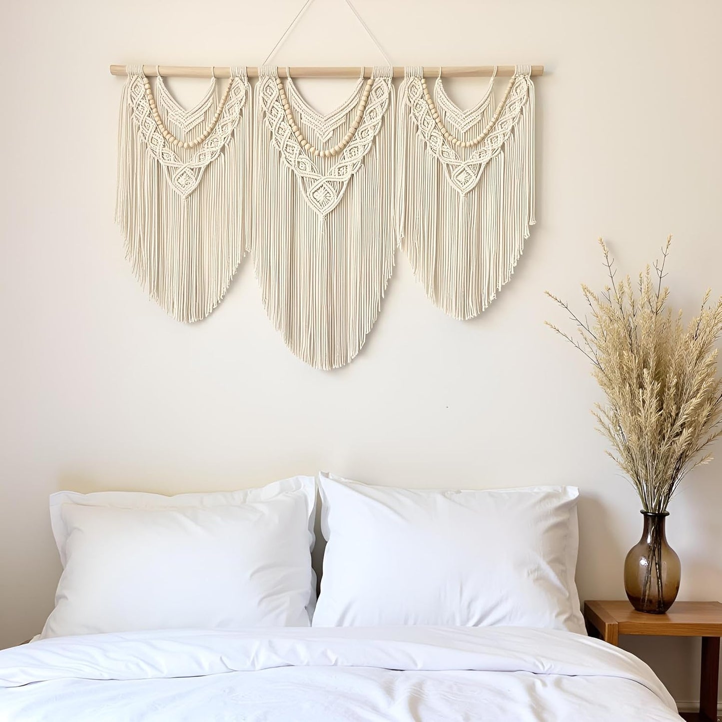 guzhiou large macrame wall hanging - Boho Tapestry Macrame Wall Decor Art- Chic Bohemian Handmade Woven Tapestry Home Decoration for Bedroom Living Room Apartment Wedding Party - 43"x32" (Wood bead)