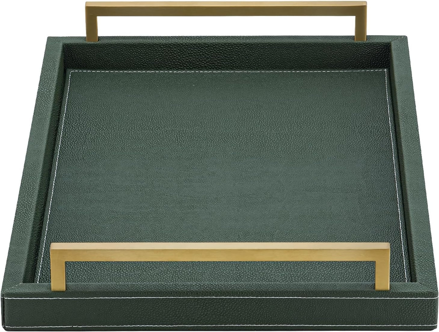 XIGEXIGE Ivory Shagreen Decorative Tray Large Rectangle Coffee Table Tray for Ottoman Faux Leather Serving Tray with Brushed Gold Handles