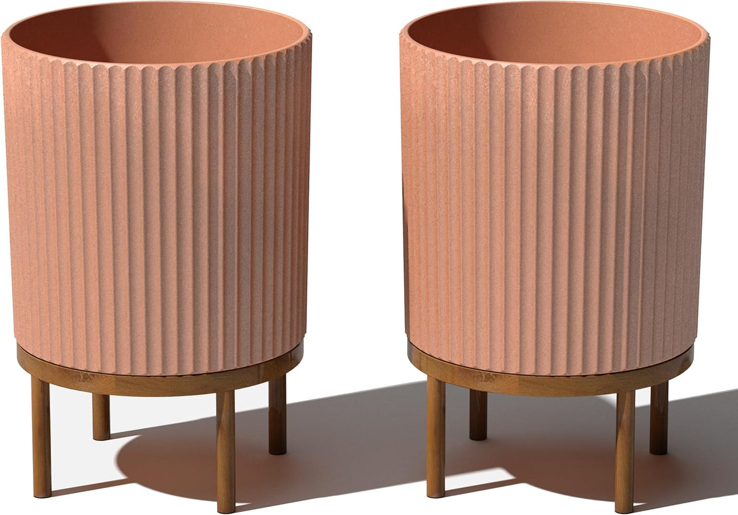 Veradek Demi Series Round Planter w/ Stand for Porch/Patio | Durable Plastic-Concrete & Wooden Stand | Modern Décor for Tall Plants, Flowers
