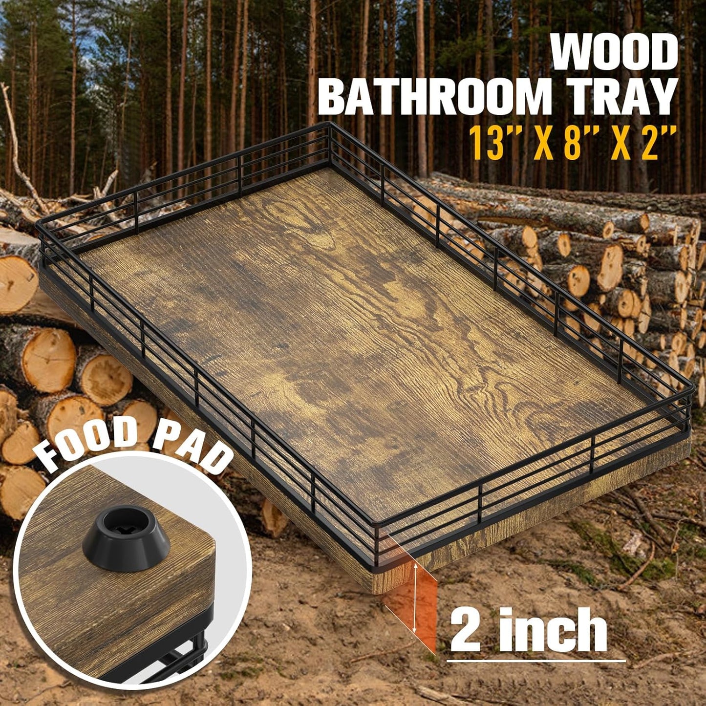 Bathroom Vanity Tray for Countertop, 12" x 6" Acacia Wood Toilet Tank Tray with Metal Guardrail, Bathroom Organizer for Soap, Perfume & Skincare, Non-Slip Decorative Tray for Dresser, Black & Acacia