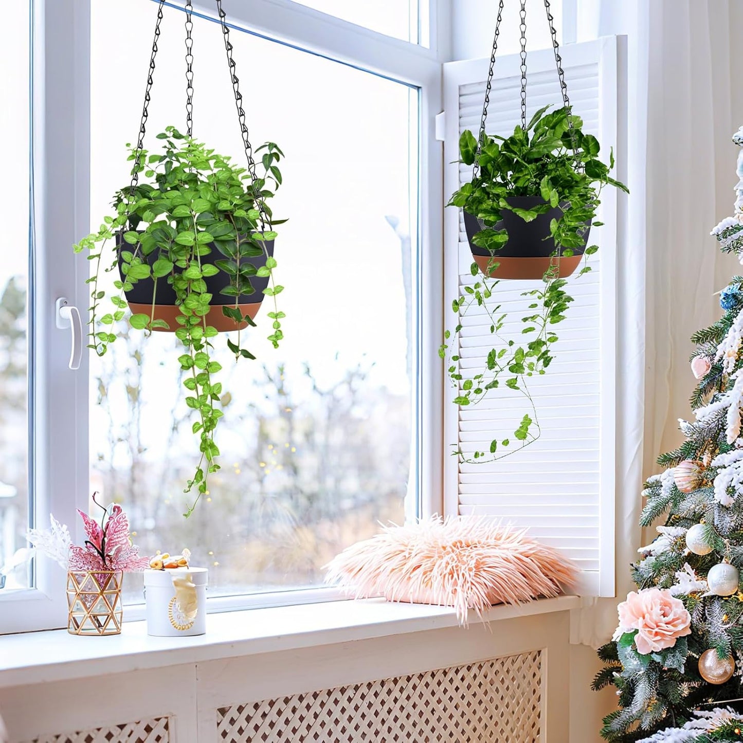 Set of 2 Hanging Planters for Indoor Outdoor Plants, 8 Inch Self-Watering Hanging Flower Pots with Drainage Hole & Removable Water-Storage Tray (Hooks)
