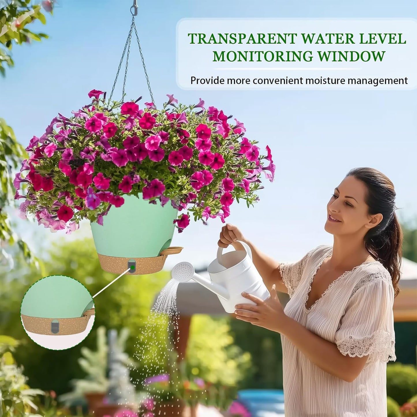 10 Inch Hanging Planters for Indoor Plants, 2 Pack Self Watering Hanging Baskets Flower Pots with Drainage Hole, Visual Reservoir & 2 Kinds of Plant Hanger for Outdoor Garden Home Decor (White)