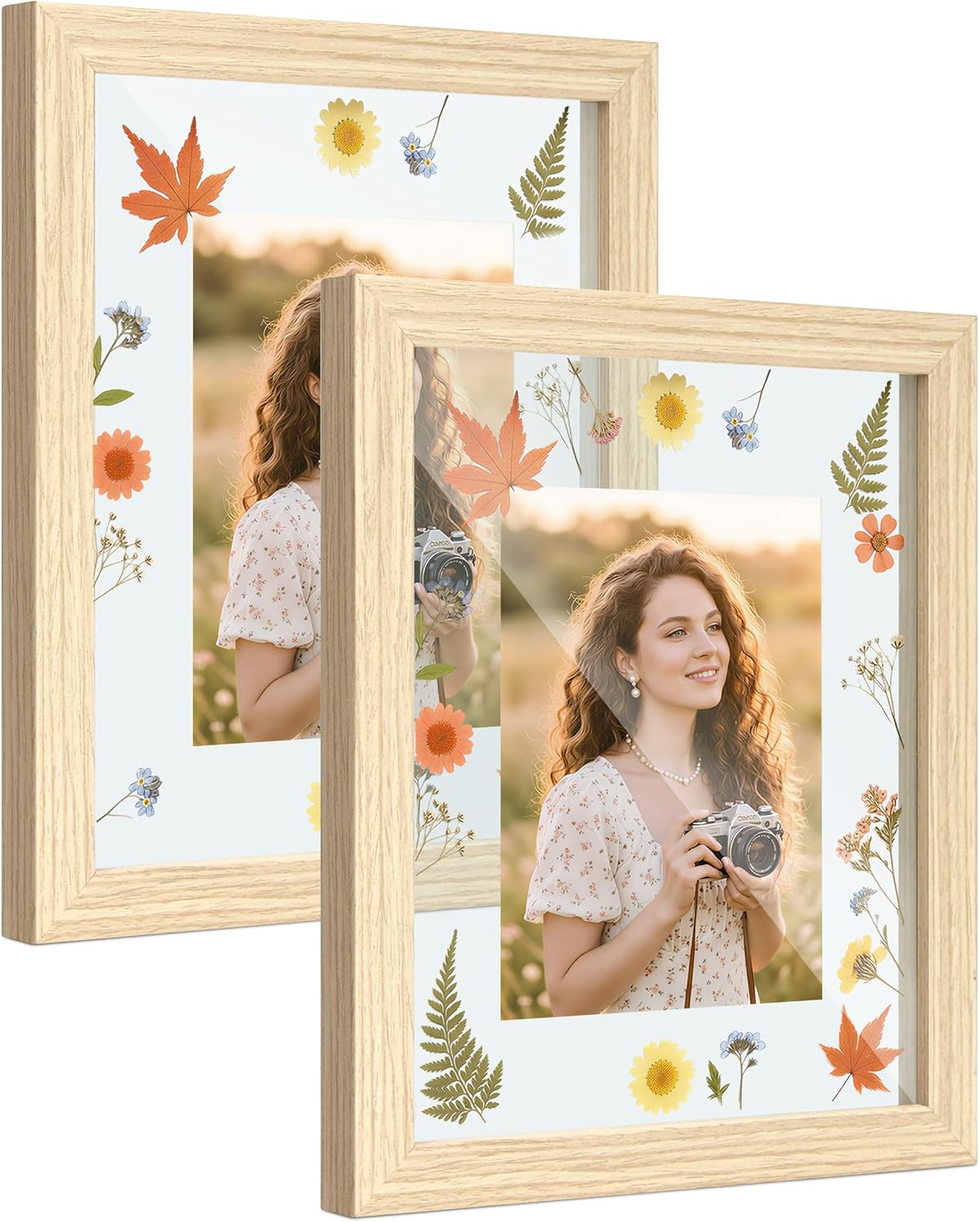 Sonefreiy Floating Picture Frames 8x10 Set of 2, Wooden Photo Frame Double Glass Pressed Flower Frames 5x7 Wall and Tabletop Display Mothers Day Gift for Family Friends Wedding