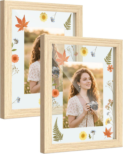 Sonefreiy Floating Picture Frames 8x10 Set of 2, Wooden Photo Frame Double Glass Pressed Flower Frames 5x7 Wall and Tabletop Display Mothers Day Gift for Family Friends Wedding