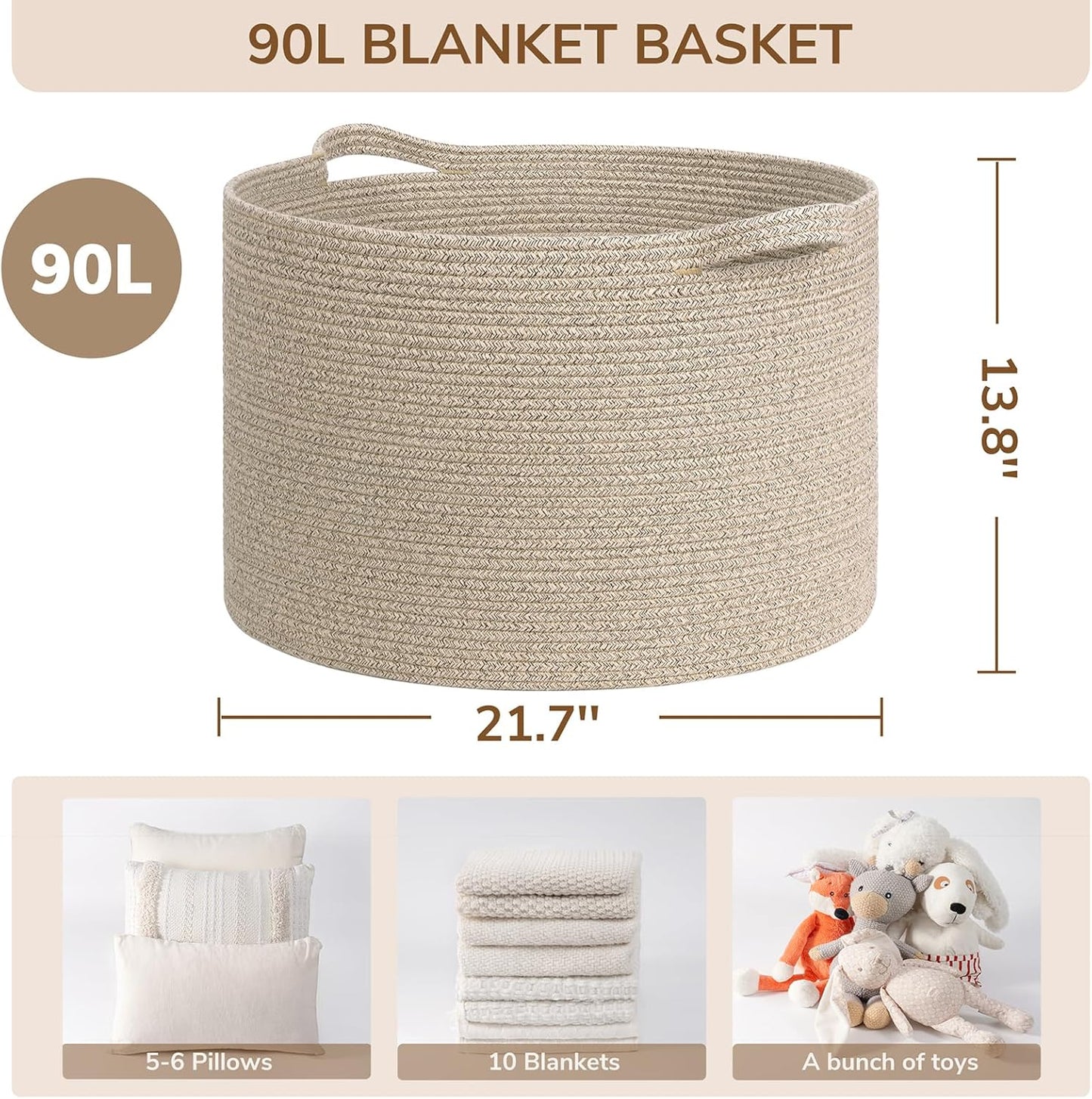 INDRESSME XXXLarge Blanket Basket for Living Room 21.7" x 21.7" x 13.8"-Storage Basket with Handle for Organizing Toy Pillows Woven Cotton Rope Laundry Basket Stuffed Animal Toy Storage for Play Room