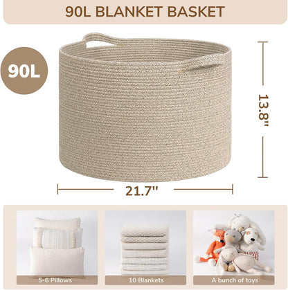 INDRESSME XXXLarge Blanket Basket for Living Room 21.7" x 21.7" x 13.8"-Storage Basket with Handle for Organizing Toy Pillows Woven Cotton Rope Laundry Basket Stuffed Animal Toy Storage for Play Room