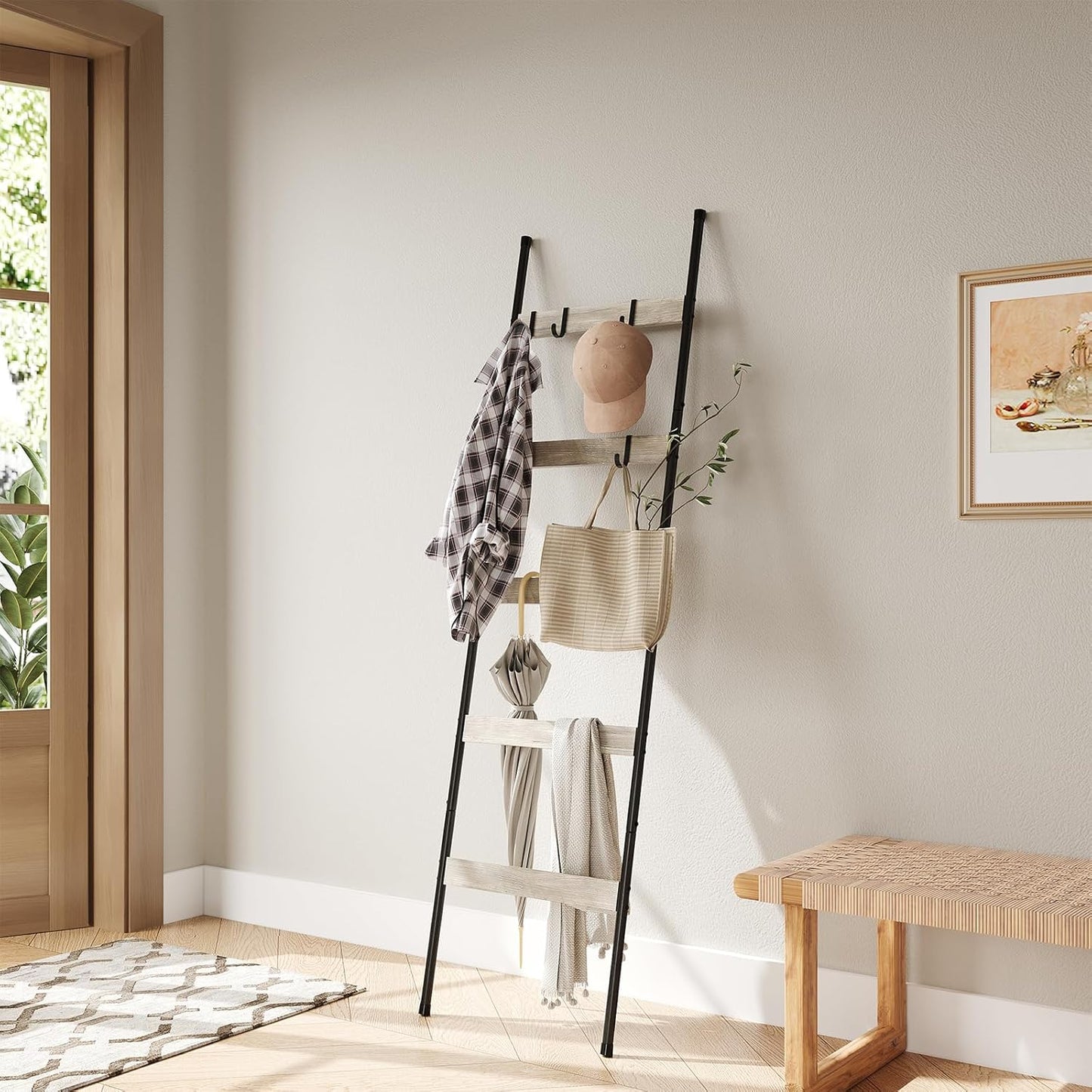 ELYKEN Blanket Ladder for Living Room, Farmhouse 5-Tier Quilt Holder with 4 Removable Hooks for Bathroom, Wood Towel Rack Display, Wall Anchor Leaning Decorative Stand for Home, Rustic Brown