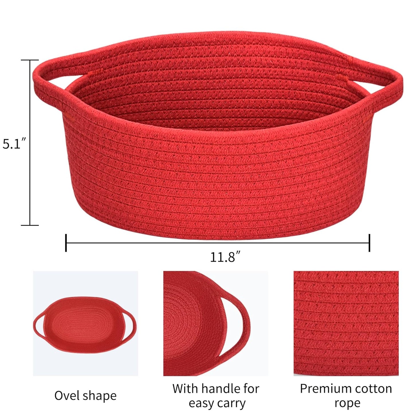 ABenkle Small Basket with Handles, Boho Decorative Rope Woven Dog Cat Toy Storage Bin Shelf Storage Organizer, Easter Christmas Gift Basket, 12"x8"x5", White