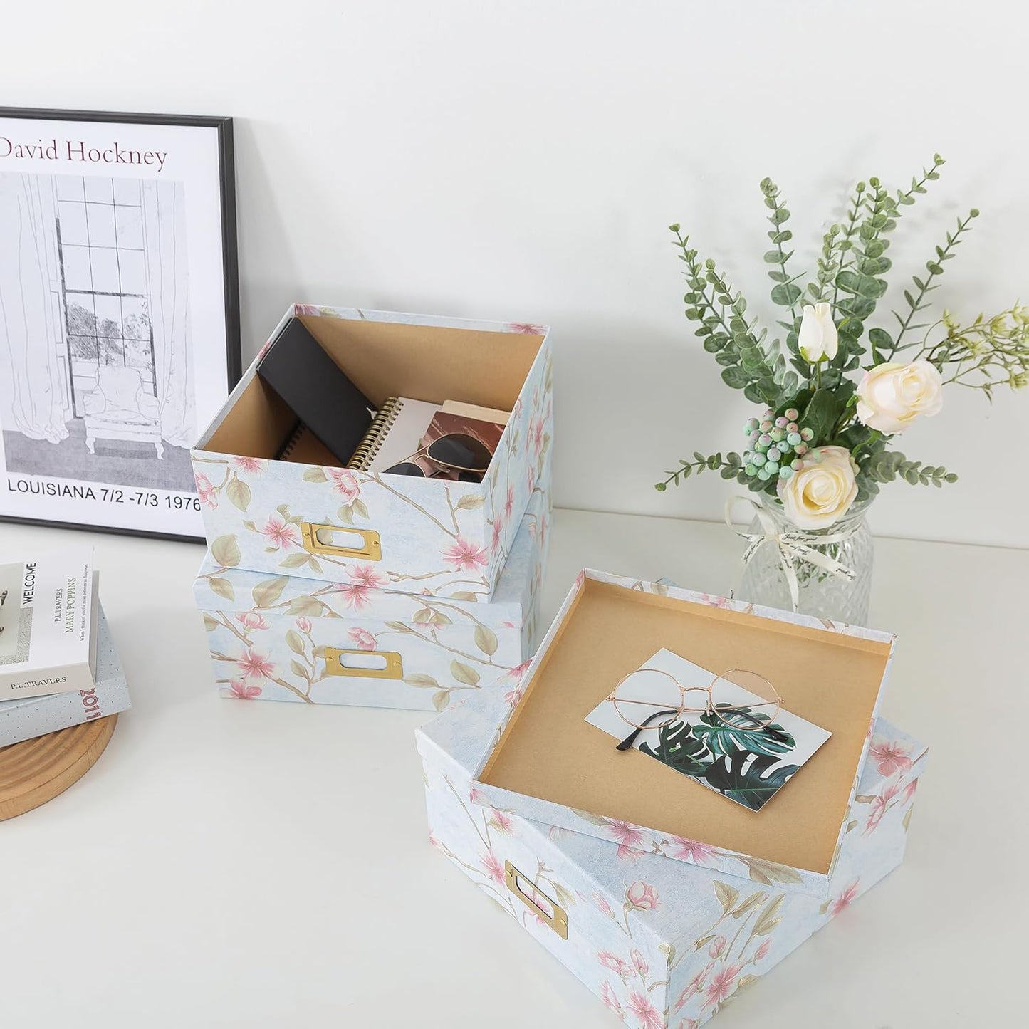 Soul & Lane Decorative Cardboard Storage Boxes - Set of 3 Square Stacking Boxes with Lids and Gold Label Holders, Nesting Photo Storage for Decor and Organizing, Botanical Sage