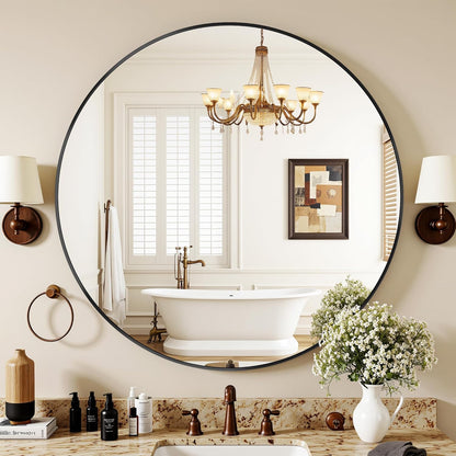 Antok 30 Inch Round Mirror for Wall, Round Bathroom Mirror, Circle Wall Mirrors with Black Metal Frame, Circle Mirrors Suitable for Wall, Bathroom, Vanity, Living Room, Entryway