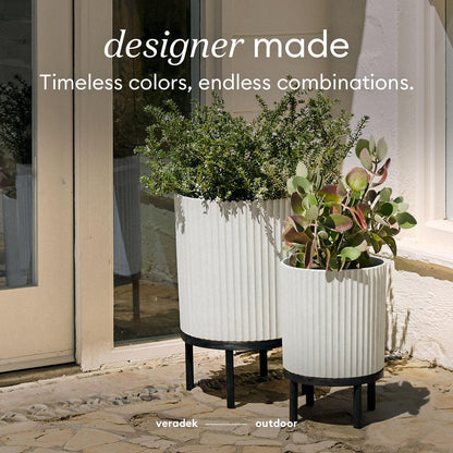 Veradek Demi Series Round Planter w/ Stand for Porch/Patio | Durable Plastic-Concrete & Wooden Stand | Modern Décor for Tall Plants, Flowers
