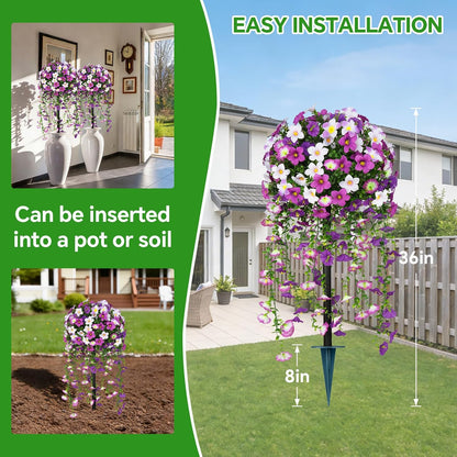 Artificial Lavender Topiary Ball Trees, 2 Set of UV Resistant Fake Evergreen Shrubs Bushes Plants with Ground Spike, Fake Plants for Outdoor Indoor Front Porch Garden