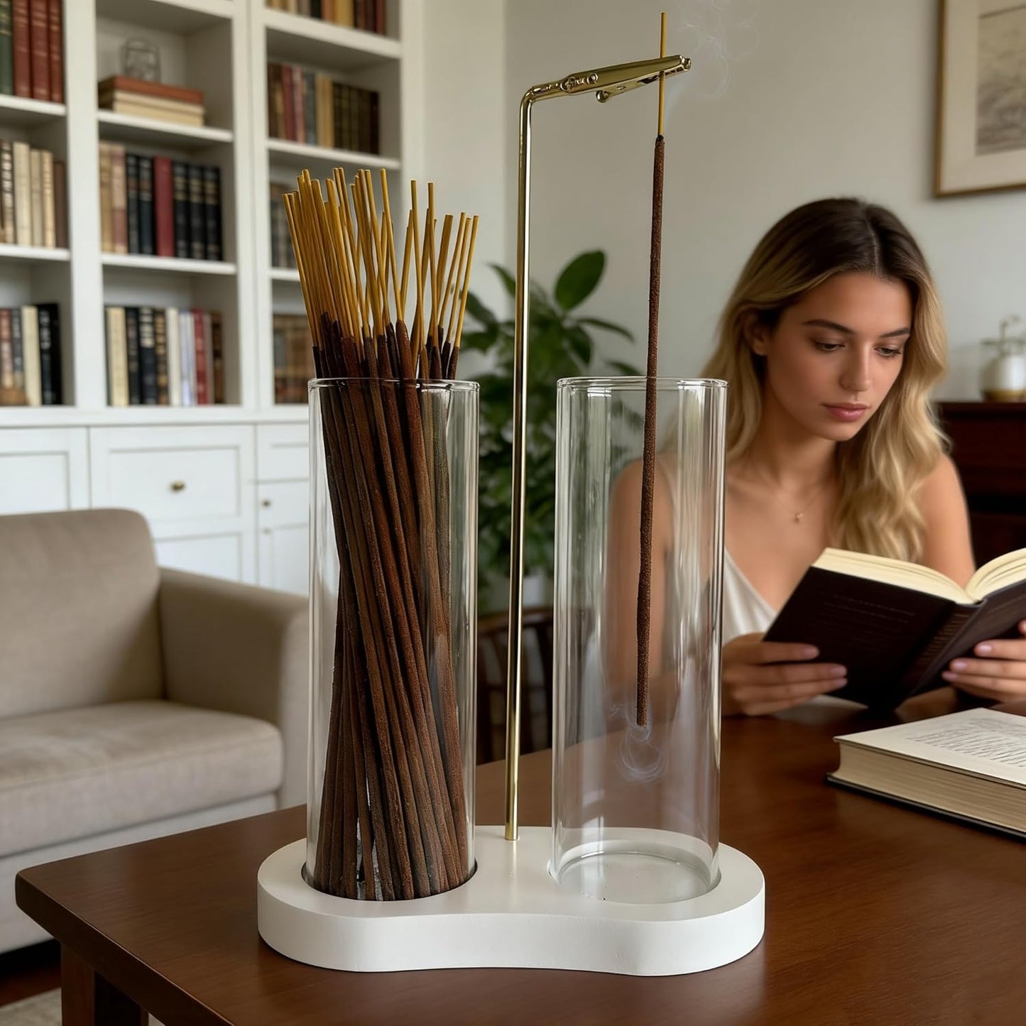 Incense Holder,2 in 1 Incense Sticks Burner Holder with Storage,Hang Upside Down Incense Holder for Sticks with Glass Ash Catcher for Meditation Yoga Spa Room Decor (Brown)